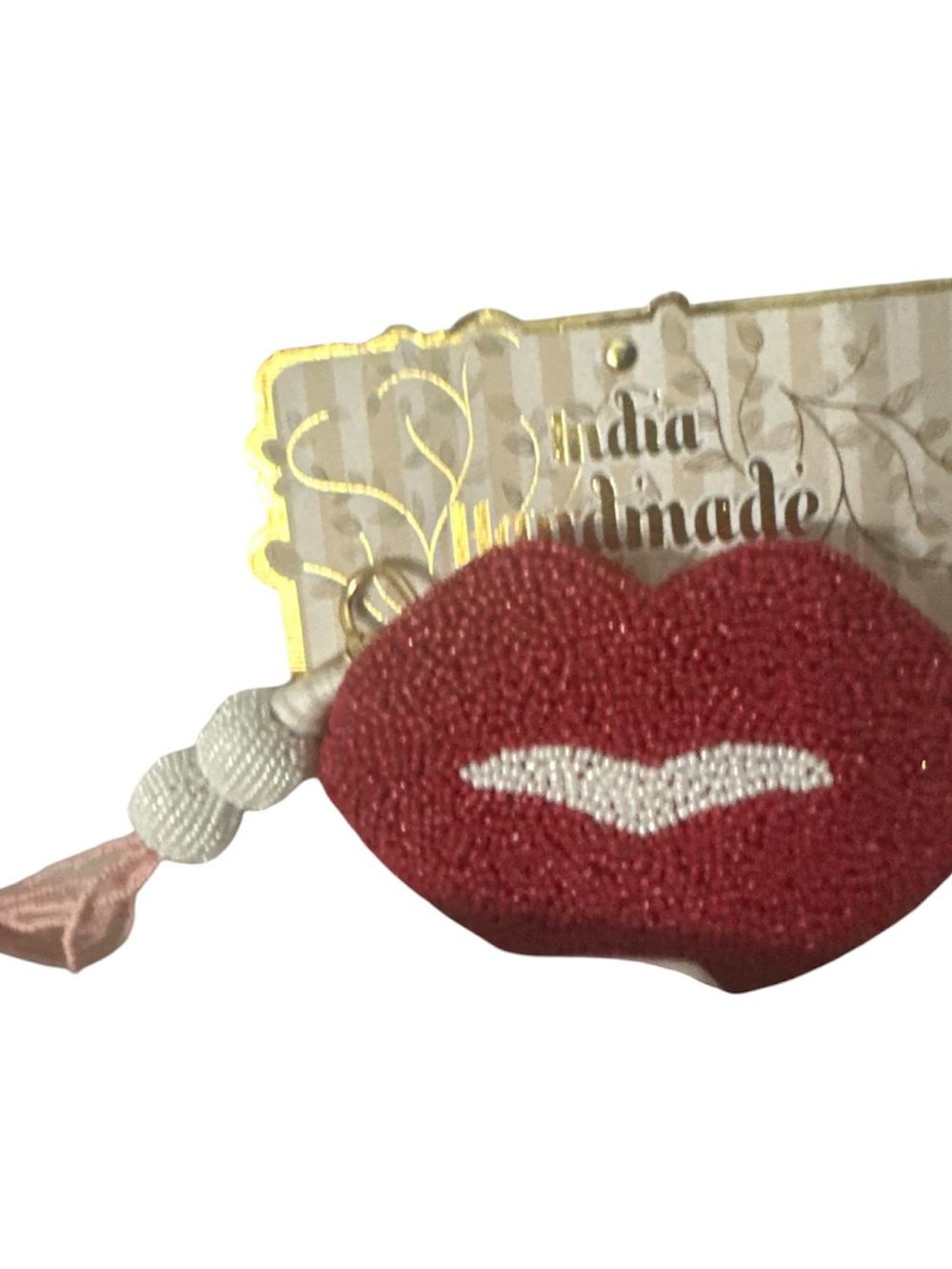 NWT India Handmade Red Lip-Shaped Baby Bag Charm tassel gold accents cute